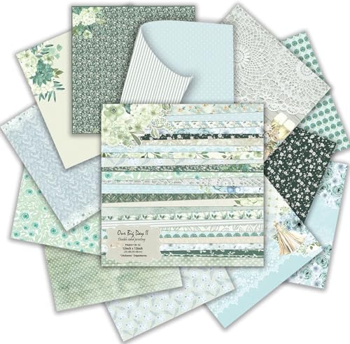 24 Blatt Scrapbook Papier, Doppelseitiges Grün Blumen Hochzeits Motivpapier | 30.5x30.5cm Bastelpapier, 160 g/m² Hintergrundpapier, 24 Designs Dekorpapier zum Basteln für Scrapbooking DIY Kunstprojekt