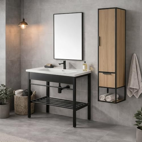 Inbagno Mobile Bagno Industrial 80 cm In Metallo Nero Opaco E Rovere – Composizione Completa Con Lavabo In Ceramica, Specchio Reversibile E Colonna Sospesa 150 cm – Linea Borg