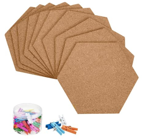 HBlife Hexagon Cork Board Tiles 10 Pack Self-Adhesive Corkboards for Wall Pin Board Decorative Bulletin Board for Office Home Kitchen with 50 Multi-Color Push Pins