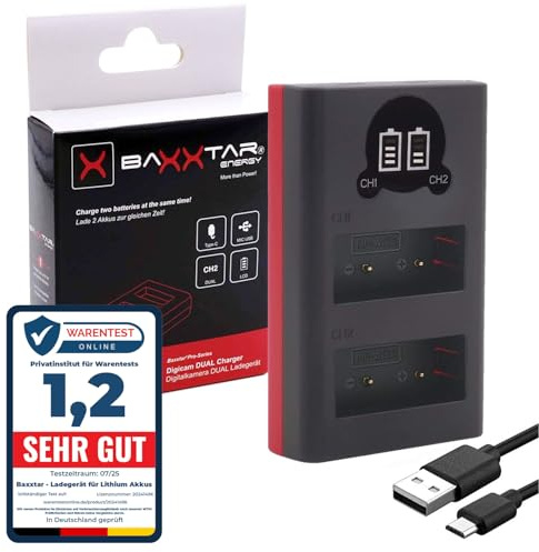 Baxxtar NP-W126s NP-W126 Akku Ladegerät kompatibel mit Fujifilm - Mini USB Dual/LCD Ladegerät 18612 - Versorgung über USB-C oder Micro-USB - X-M5 X100VI X-S10 X-T20 X-T30 II X-T5 X-T50 usw.