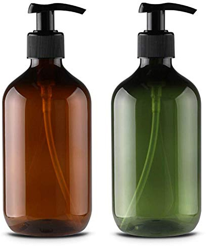 Alledomain 2 flaconi vuoti in plastica ricaricabili da 500 ml, con erogatore a pompa, per shampoo, bagnoschiuma, gel doccia, prodotti da toeletta (marrone e verde), Marrone, Verde, 500 ml
