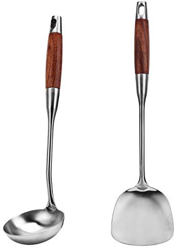 Coolty 304 Edelstahl Wok Spatel und Suppenkelle mit Langem Hitzebeständigem Holzgriff, Küchenhelfer Set, 2 Stück