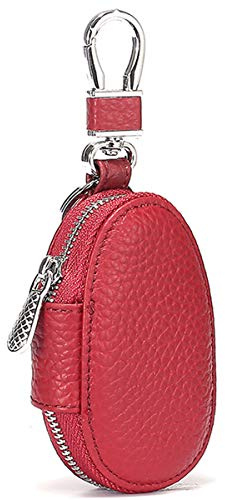 Aileder Car Key Chain Bag Genuine Leather Car Smart Keyless Entry Fob Keychain Holder Zipper Remote Control Fob Case Cover Protector Pouch Keyring Wallet for Men and Women (Red)