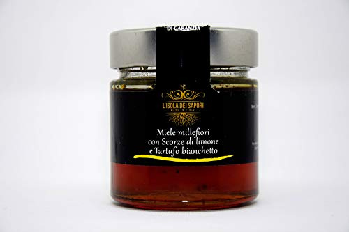 Miele millefiori con Scorze di Limone e Tartufo Bianchetto - Tartufo Sardo - Prodotto Artigianale Sardegna L'Isola dei Sapori - Ottimo sui Formaggi - Vegetariano - (250 g)