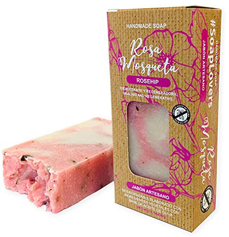 Jabón de Manos, Natural de Rosa Mosqueta, para Cuerpo, y Cara, Cicatrizante y Regenerador, Pastilla Sólida Ecológica y Artesanal, Vegano y Sin Aceite de Palma (100 g)