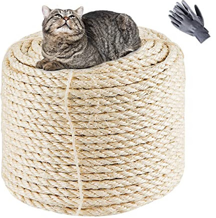 Corda in sisal naturale, 8 x 60 m, naturale bianco, sostituzione corda Antico per gatti con una coppia di guanti di protezione per tiragraffi gatti, l'albero a gatto, Vaso da fiori da giardino