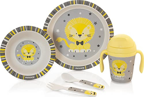 MINILAND - Vajilla infantil Naturmeal Leo. Incluye plato, bowl, vaso y cubiertos para niños..