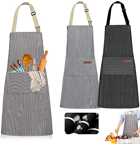 DEATPOYE Küchenschürze Damen, 3 Stk Kochschürze für Damen Herren Küchen Schürze Verstellbare Küchenschürze aus Baumwolle Leinen mit 2 Taschen für Chefkoch zum Küche Restaurant Café Garten