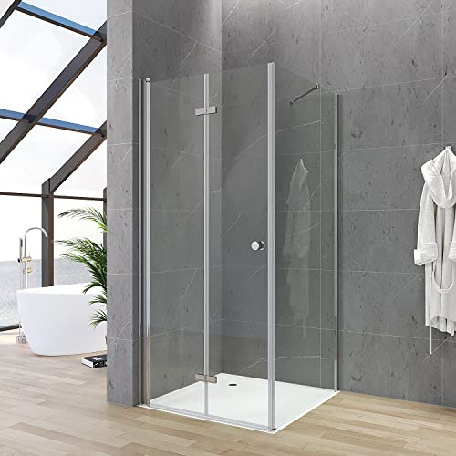 Duschtür mit Seitenwand 90x80 cm Falttür Drehfalttür Dusche 90 cm mit festem Seitenteil 80 cm Duschkabine Eckeinstieg rahmenlos Eckdusche Falttüren Sicherheitsglas ESG Klarglas 5 mm Höhe 187 cm
