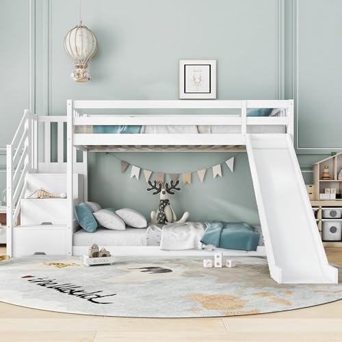 Kayan Bunk Bed with Stairs and Slide, Solid Pine Wood Frame, Children Bed with 2 Drawers in the Steps,90x190cm, White