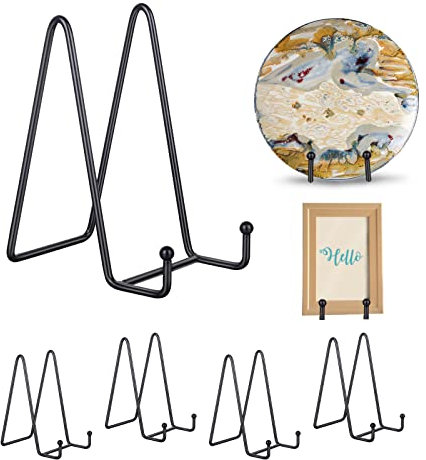 WEKIWGOT 5 PCS Chevalet Support Assiette Decorative, 6 Pouces Chevalet de Table, Métal Noir Support Cadre Photos, Présentoir pour Livre, Plaque, Carte Postale, Art