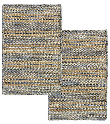 HAMID - Pack 2 Tappeti in Iuta di Lana Olivia 40x60cm, Tappeto in Lana e Iuta Tessuto a Mano per Soggiorno, Camera da Letto, Soggiorno, Blu Marmorizzato