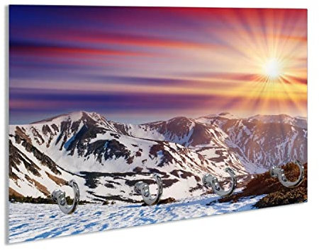 Wallario Schlüsselbrett aus Glas 30 x 20 cm, Wand Schlüsselhalter mit 4 Haken, Motiv: Farbenfroher Sonnenuntergang im Winter - Schnee in den Bergen