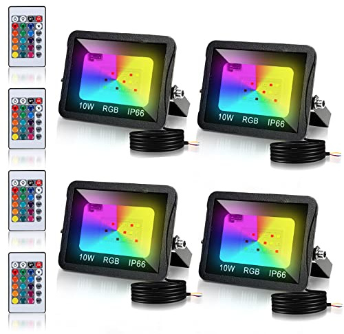 Cecaylie RGB LED Strahler Außen 4er 10W mit Fernbedienung, RGB Fluter LED Dimmbar Gartenstrahler, 16 Farben 4 Modi IP66 Wasserdicht, Memoryfunktion für Party Außen