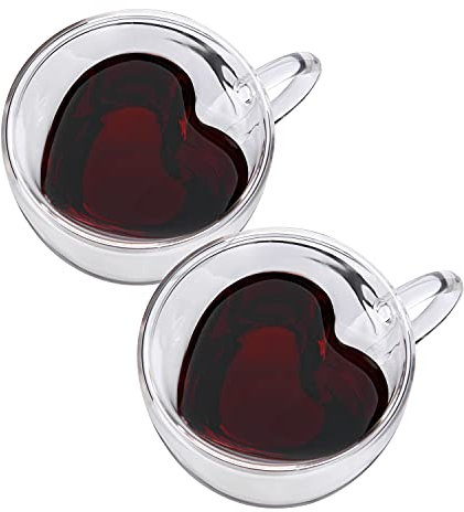 CNGLASS Double Wall Heart Shaped Glass Coffee Mugs 8.5oz(250ml),Insulated Clear Tea Cups with Handle,Unique Glass Espresso Mugs for Coffee,Cappuccino,Latte,Milk,Set of 2…