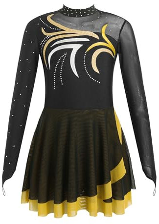 winying Mädchen Glitzer Eiskunstlauf Kleid Langarm Funkelnde Strasssteine Ballettkleid Turnanzug Training Tanzbody Dancewear Gelb 170
