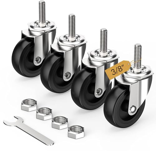 HOLKIE Caster Wheels 3 inch with No Brake Stem Casters, 3/8 -16 x 1-1/2 (Stem Diameter 3/8, Stem Length 1-1/2) Threaded Swivel Casters Set of 4 Heavy Duty Castors Black