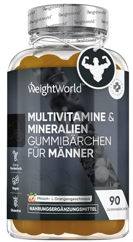Multivitamines Homme Gummies, 90 Gummies Vegan, avec Maca, Ginseng Panax, Vitamine C, B, A, Zinc, Sélénium Alternative aux Comprimés et Gélules, Goût Pêche et Orange
