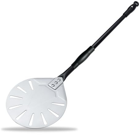 ODIMI Pizza Turning Peel, 7 Inch Pizza Peel Turner Spinner, 29 Overall, Long Handle Perforated Aluminum Turning Peel With Hook, Outdoor Pizza Oven Accessories