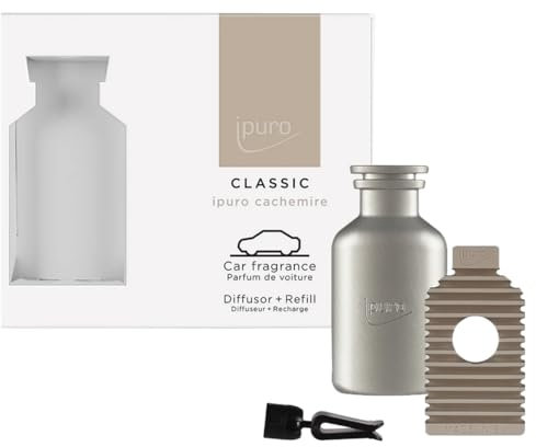 ipuro Classic Autoduft Clip Set - Autostecker Silber + Cachemire Refill - Autodiffusor für Lüftungsschlitze wiederverwendbar & austauschbar - Warmer Duft mit Rose, Zedernholz, Johannisbeere & Amber