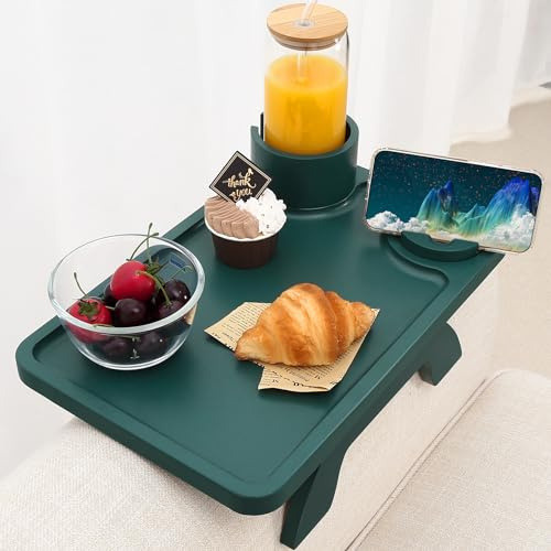Nnewvante Couch Arm Table,3 in 1 Large 15.36x9.85 Bamboo Sofa Arm Clip on TV Tray Table with 360°Rotated Phone/Cup Holder, Dark Green