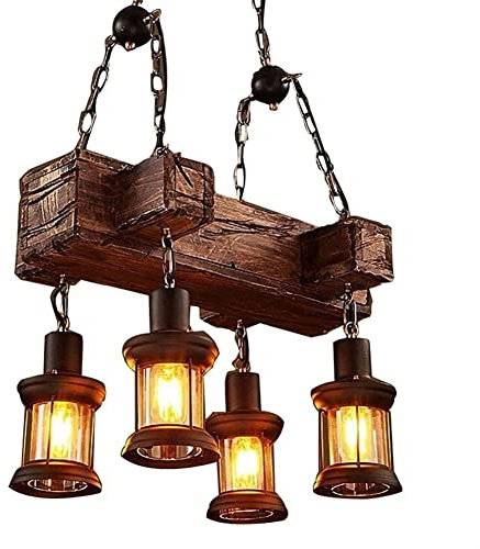 LUOYAOB Modern Pendelleuchte Industrielle Holzglas Pendelleuchte 4 Lichter Retro Loft Laterne Kronleuchter Höhenverstellbare Bauernhaus Hängelampe Deckenleuchte for Billardtisch Kücheninsel Bar