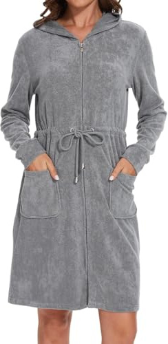 Mnamo Eleganter Damen Bademantel mit Kapuze und Reißverschluss aus Frottee | Kurz und Leicht.Taschen und Bindegürtel. Geschenk. Für Sauna,Schwimmen und Zuhause.Ganzjährig.