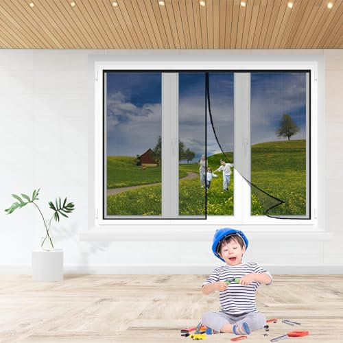 Fliegengitter für Fenster mit 210x80cm Schwarz Insektenschutz Fenster Klettband mit Heavy Duty Mesh für KellerFenster Wohnzimmer TerrassenFenster Fliegenschutz ohne Bohren