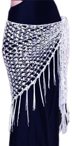 YNZUNMY Bauchtanz Hüfttuch,Bauchtanz,Bauchtanz Gürtel 12 Farben Bauchtanz Praxis Kleidung Zubehör Stretchy Lange Quaste Dreieck Gürtel Hand Häkeln Bauchtanz Hüfte Schal Pailletten(White)