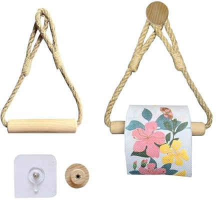 Naseom Toilettenpapierhalter, Dekorative Hanfseil WC-Papierhalter Ohne Bohren, Ohne Bohren Klopapierhalter mit Selbstklebender und Hanfseil für Küche und Badezimmer