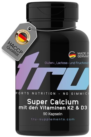 Super Calcium mit Vitamin D3 & K2-90 Kapseln - Hochdosiert - *Erhaltung normaler Knochen - TRU Sports Nutrition | Herstellung & Laborprüfung in Deutschland