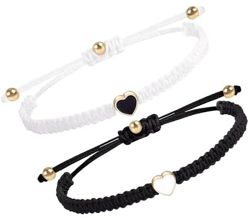 KufaerBeam 2PCS String Bracelet with Heart Pendants,Adjustable Heart Beaded Matching Bracelets, A Delightful Birthday Present for Couples and Friendships (Black&White)