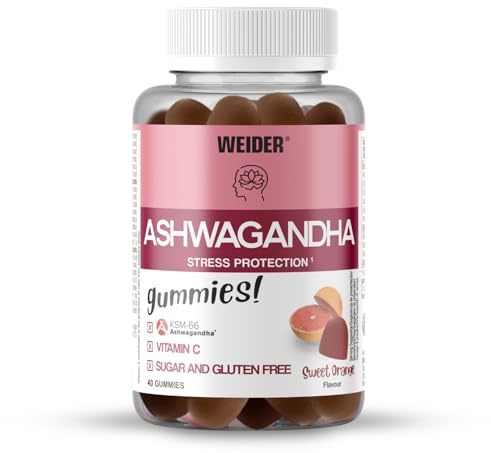 Weider Ashwagandha Gummies (40 gominolas) Sabor Naranja Dulce, con Extracto de Raíz Ashwaganda KSM-66 y Vitamina C, Ayuda a reducir el estrés e inducir el sueño, Sin Azúcar, Sin Gluten, 20 Porciones | Con extracto de raíz de Ashwagandha KSM-66 y vitamina C, ayuda a reducir el estrés y encontrar sueño, 20 porciones