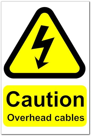 Caution Overhead Cables Warning Stickers x10 - Peel and Stick 100mm x 66mm Safety Sign - Laminated, Durable and Weather Resistant - Ideal for Electrical Safety Alerts