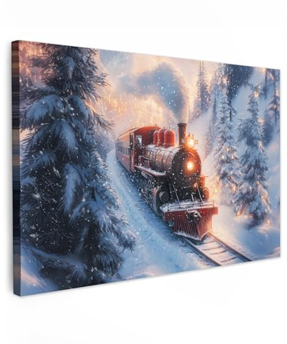 MuchoWow© Bild auf Leinwand Groß XXL Weihnachtsdeko Schlafzimmer Bilder | 120x80 cm - Badezimmer Wand Deko Wohnzimmer Weihnachtsgeschenke Modern Bilderwand Geschenk Weihnachtszug - Schnee - Winter