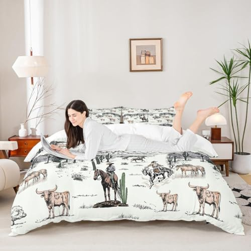 Western Cowboy Duvet Cover Single Size,Vintage Southwest Style Comforter Cover for Adults Kids Bedroom Decor,Desert Cactus Cow Horse Animals Comfortable Bedding Set 1 Pillowcase,No Comforter