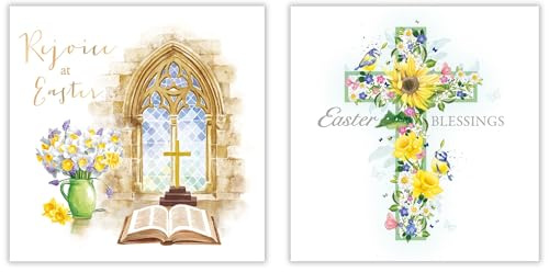 Noel Tatt Religious Easter Greeting Cards Pack of 6 - Easter Cards with 2 Assorted Designs - Church Window and Cross - General Multipack for Family and Friends - 127 x 127mm