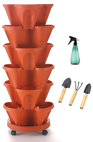 NNYCC Tour de Jardin Verticale 6 Niveaux Pots de Fleurs avec roulettes Mobiles, Empilable Jardinière de Fraises Plantes légumes Fleurs pour l'intérieur et l'extérieur,Marron