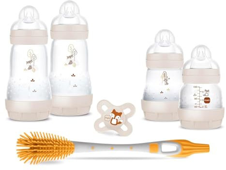 MAM Easy Start Anti-Colic Newborn Set 0+ Baby Bottle Set with SkinSoft teats Size 0 (Breast Milk, Pre-Formula) Teat Size1 (Formula), 0-2 Months Mini Pacifier and MAM Bottle Brush Anti Scratch