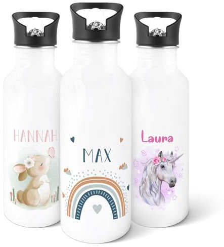 GRAVURZEILE - Bedruckte Trinkflasche aus Edelstahl - Regenbogen Blau - Personalisiert mit Namen - 600 ml - Auslaufsicher mit klappbarem Mundstück und integriertem Trinkhalm