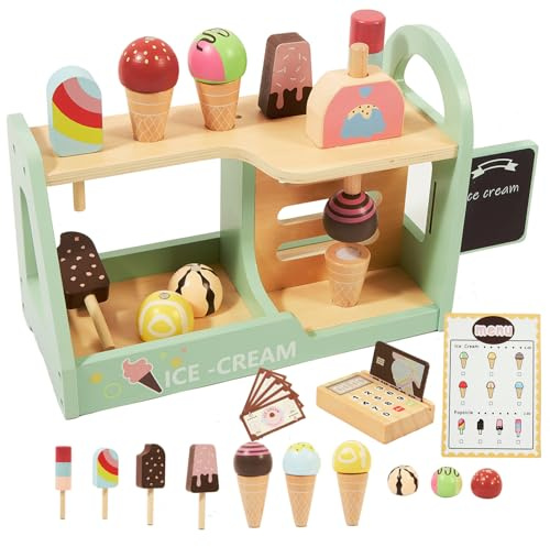 Benhurb Wooden Ice Cream Toys for Kids, Wooden Ice Cream Set Shop Pretend Play Food Toys for Toddler, Kids Role Play Toys Kitchen Accessories, Christmas Birthday Gifts for Girls Boys 3 4 5 6 Year Old