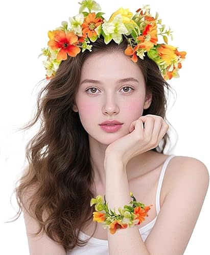 Blumenkranz Haare,Blumenkranz Blume Krone Stirnband mit Armband Set,Haar Garland,Haarbänder Floral Girlande,Blumenstirnband Einstellbar für Damen Hochzeit Zeremonie Festival Party Strand