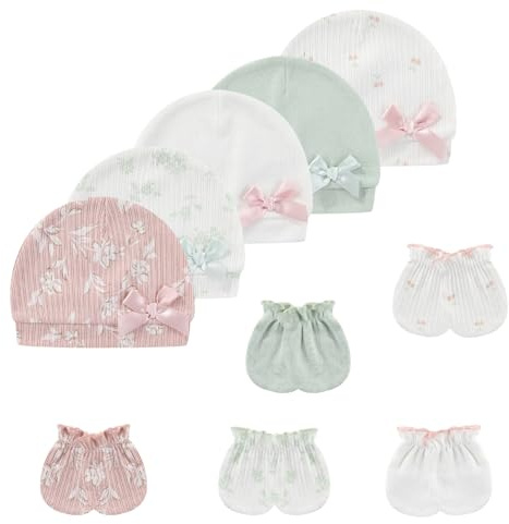 MAMIMAKA Newborn Baby Hats Mittens Set Cotton Beanie Caps and No Scratch Mitten Gloves for Baby Boy Girl, 0-6 Months