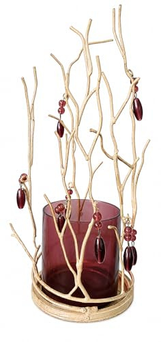 Wand-Kerzenhalter aus Schmiedeeisen cremeweiß, Glas altrosa, Dekoration mit Zweigen und Perlen, 34 cm