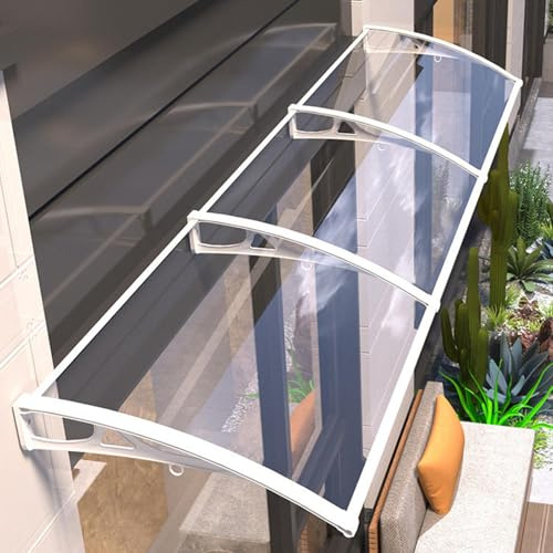 Plaque marquise blanche en aluminium avec auvent de porte en polycarbonate transparent, protection solaire pour maison, terrasse, terrasse contre la pluie, la neige, les UV (60 x 210 cm)