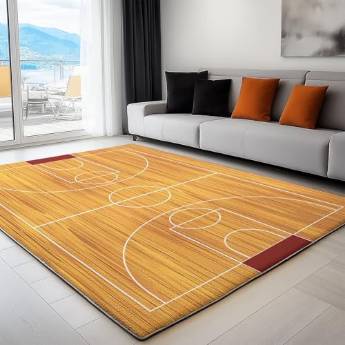 Générique Tapis Salon Terrain De Basket Sportif en Bambou 60 x 90 cm Tapis Décoratif Lavable en Machine Jaune, Moquette de Salon Moderne Doux Antidérapant pour Salon Chambre Salle a Manger