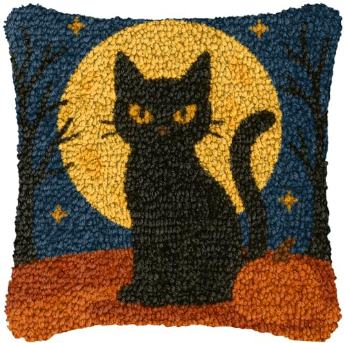 ZUHK 3D DIY Latch Hook Kits -17x17 Inch with Colorful Printed Canvas,Beginners Animals Latch Hook Pillow Kit,fit for Christmas, Halloween,Home Sofa Decoration (J Black Cat)
