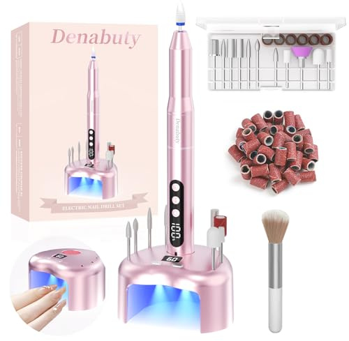 Denabuty Cordless Electric Nail Drill File: 35000RPM Professional Nail Drill Machine with UV LED Nail Lamp Charging Base 2 in 1, Manicure Pedicure Kit E File for Acrylic Gel Dip Powder Polish Pink