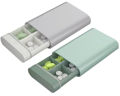 Portable Pill Box Organiser, 2 PCS 6-Compartment Travel Pill Boxes with Sealed Lids, Compact Medicine Storage Box for Tablets, Vitamins and Supplements, Small Tablet Medication Organizer - Green, Grey