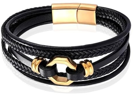 Mendes Jewelry herrarmband i rostfritt stål och äkta läder - snygg svart med gyllene åtta - 21 cm